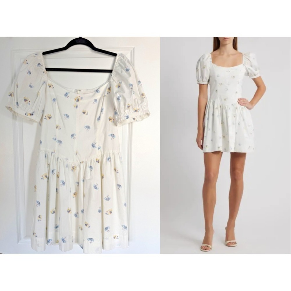 Wayf Mini Dress Medium NWT Ivory Seashell Print Puff Sleeve Sweetheart Neck